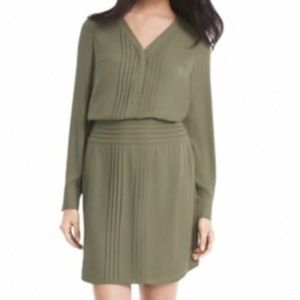 White House Black Market olive long sleeve midi dress pleating detail.